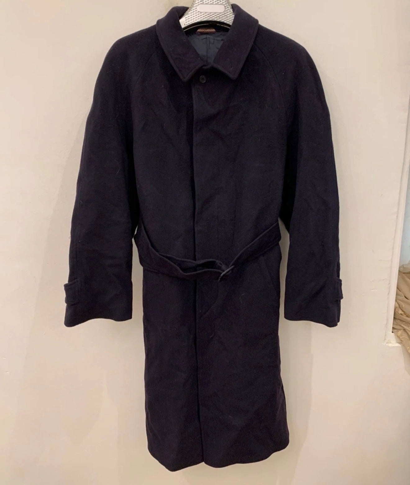 Vintage wool cashmere blend belted navy classic raglan over coat 42R