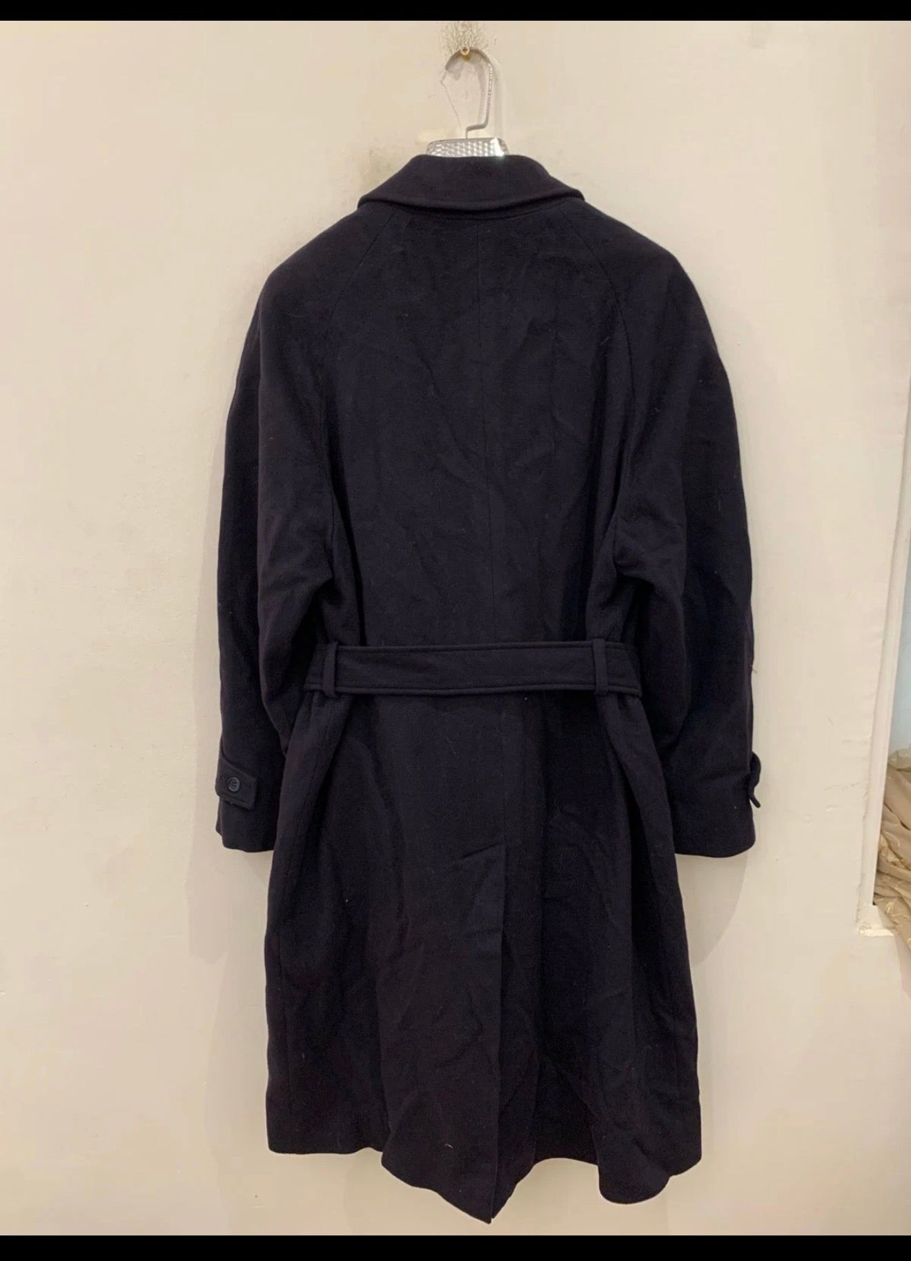 Vintage wool cashmere blend belted navy classic raglan over coat 42R