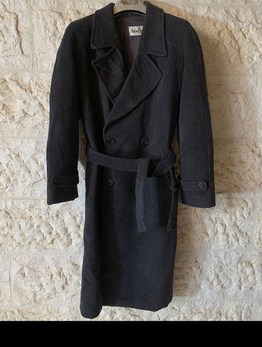 Vintage Bugatti pure wool raglan belted herringbone charcoal db over coat 44R