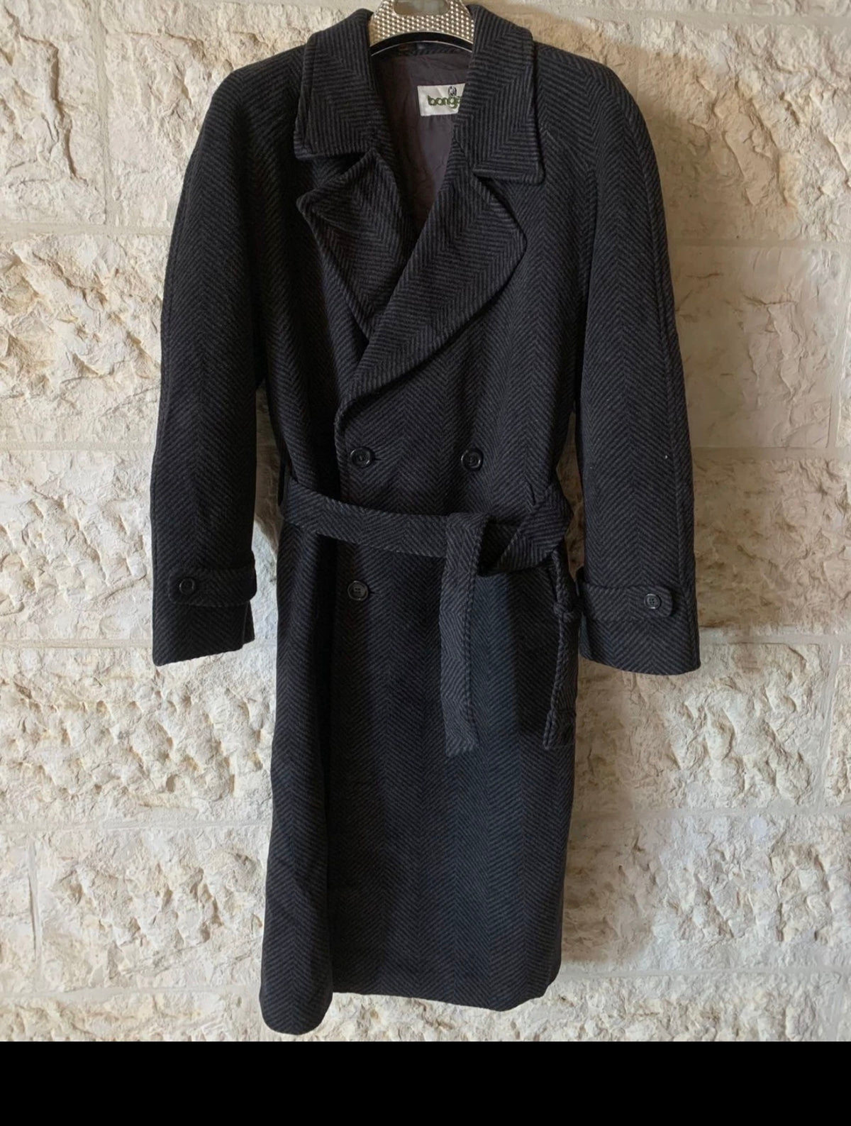 Vintage Bugatti pure wool raglan belted herringbone charcoal db over coat 44R