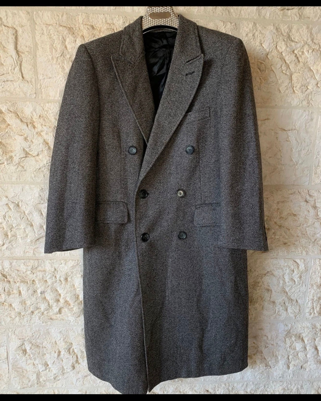 Vintage pure wool handwoven tweed gangster db charcoal overcoat 40R 40S
