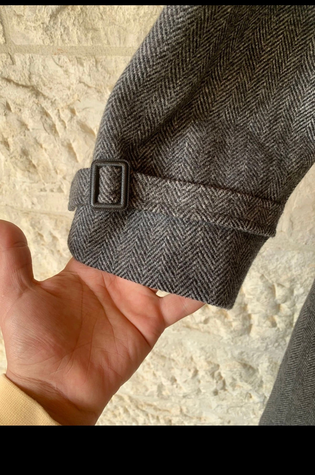 Vintage pure wool tweed belted herringbone charcoal raglan over coat 48R XL