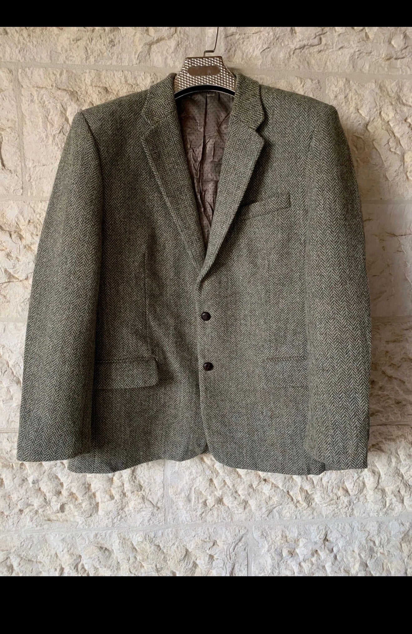 Vintage Harris Tweed handwoven pure wool green hunting jacket blazer 44R 44L