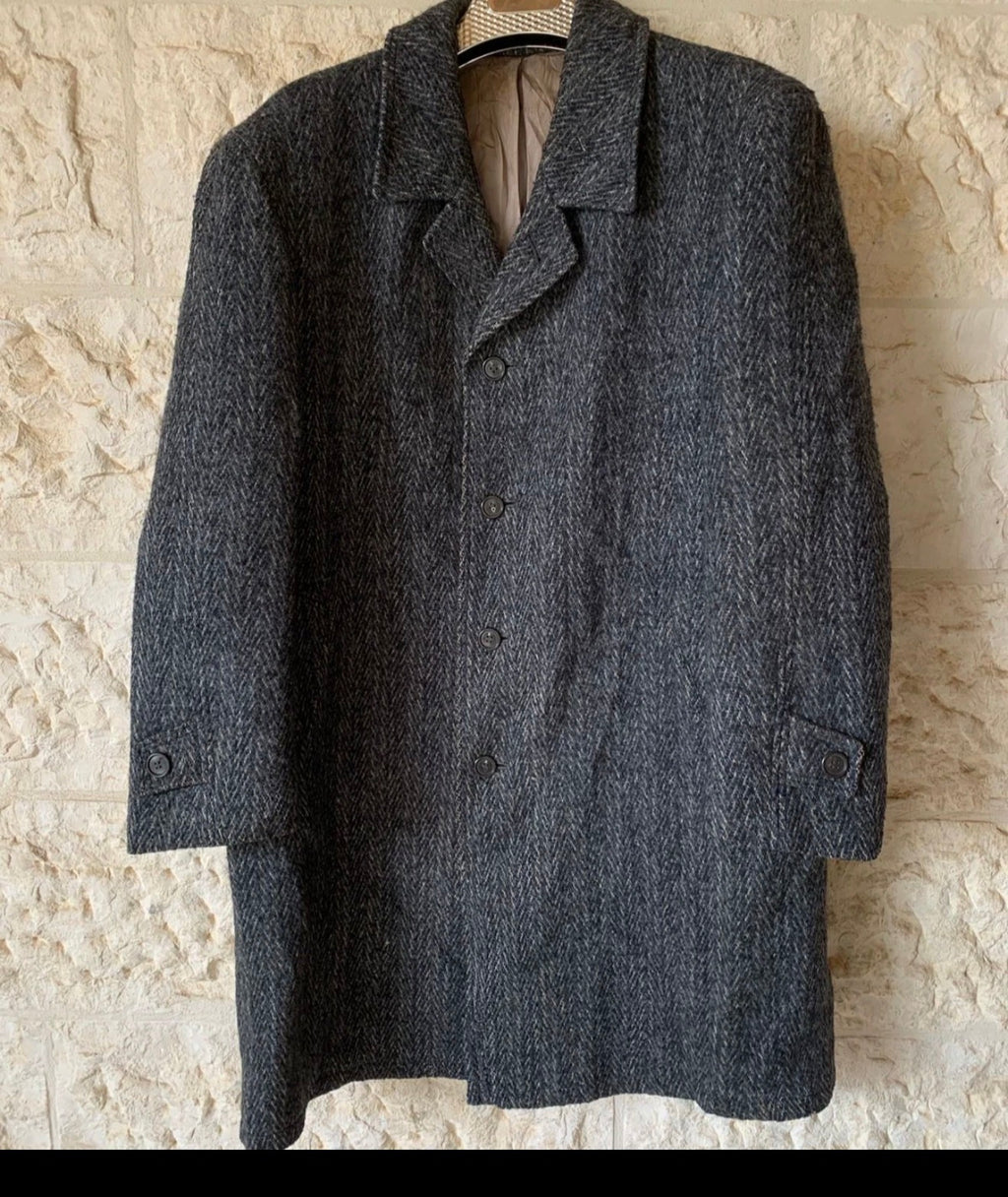 1970s Vintage pure wool handwoven tweed herringbone classic over coat 46R XL
