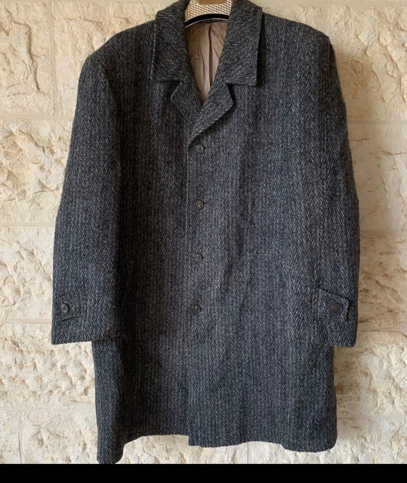 1970s Vintage pure wool handwoven tweed herringbone classic over coat 46R XL