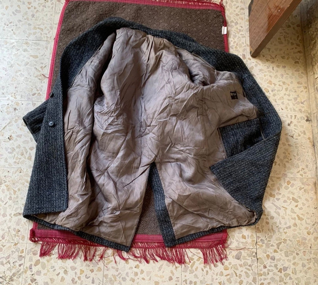 1970s Vintage pure wool handwoven tweed herringbone classic over coat 46R XL