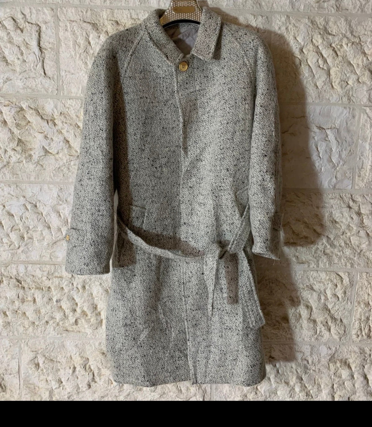 Vintage pure wool tweed belted camouflage classic raglan gray over coat 44R