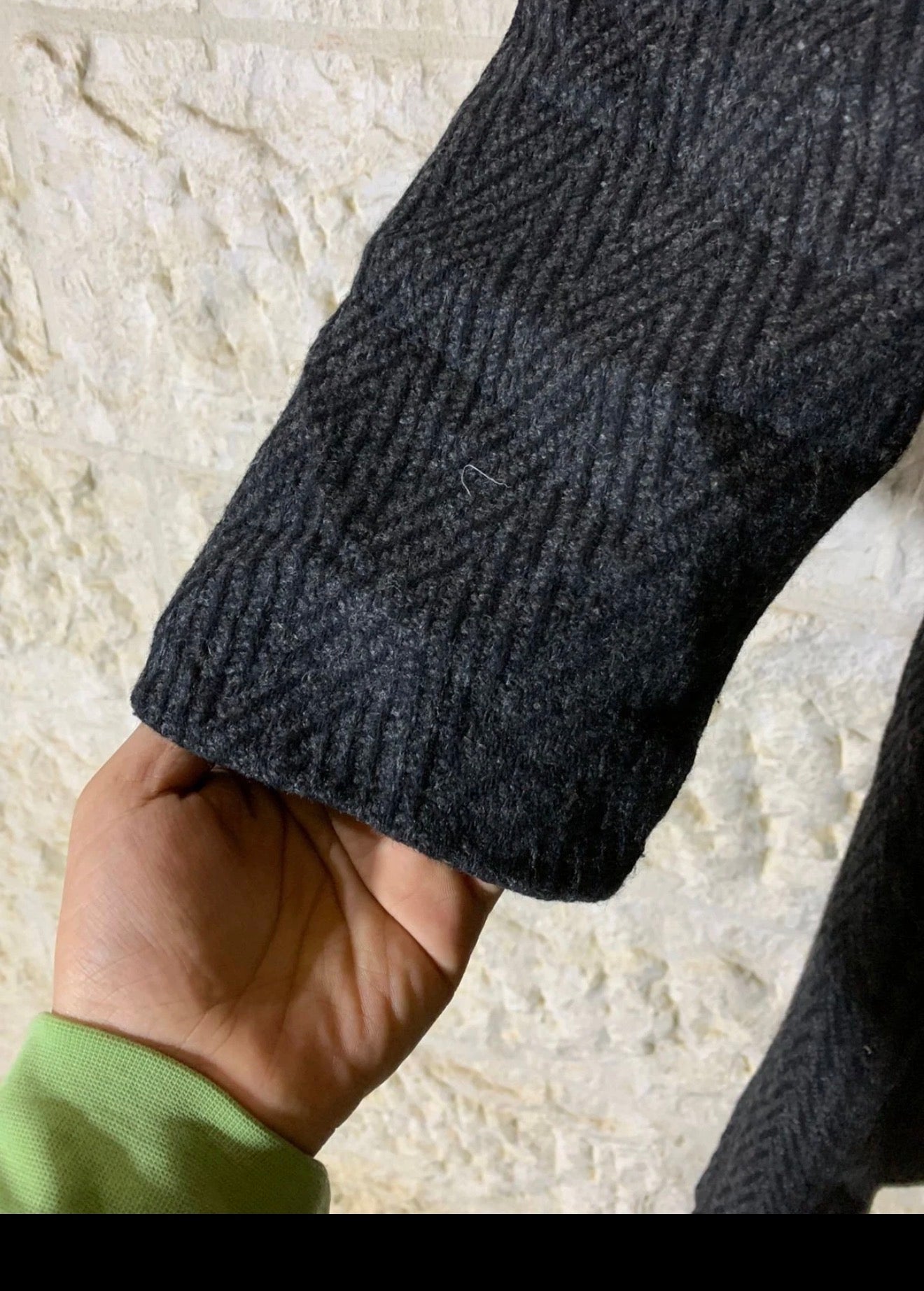 1970s Vintage pure wool handwoven tweed herringbone charcoal over coat 46R 46L