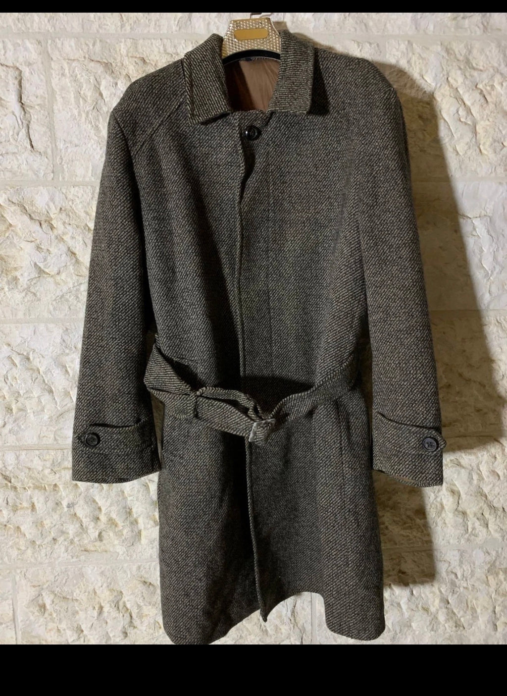 Vintage pure wool handwoven tweed belted raglan Brown twill over coat 48R 48L XL