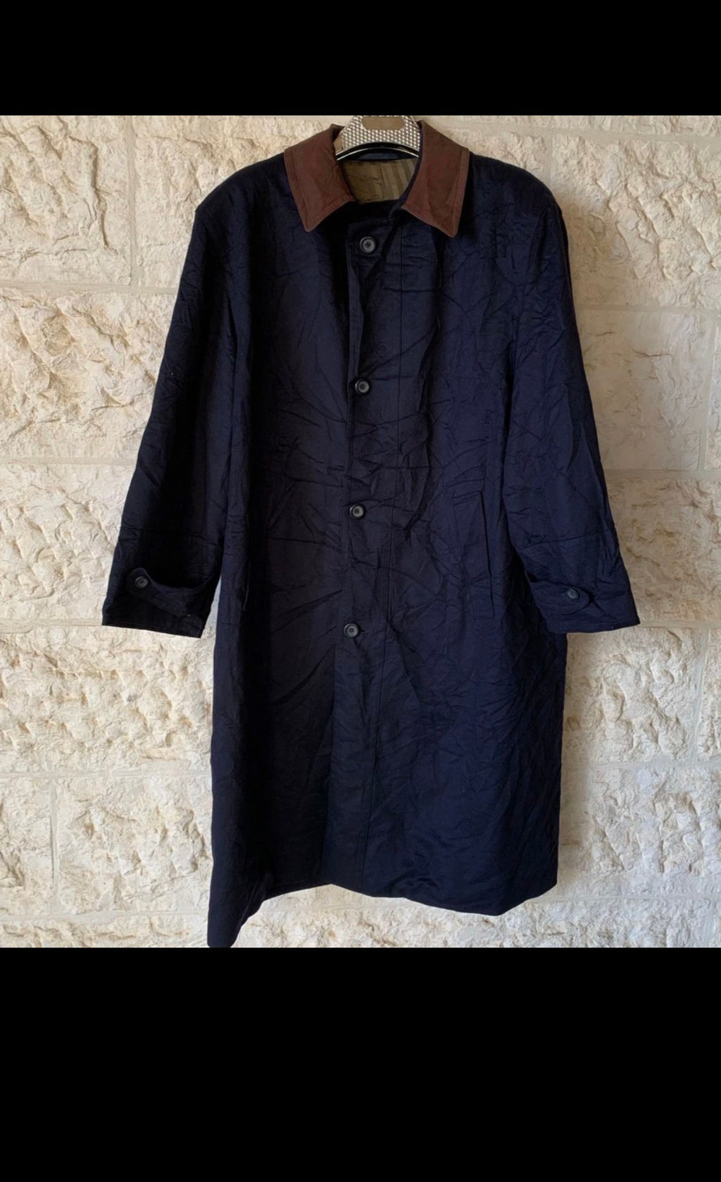 Vintage pure wool Leather Collar classic navy over coat 50R 50S 2XL