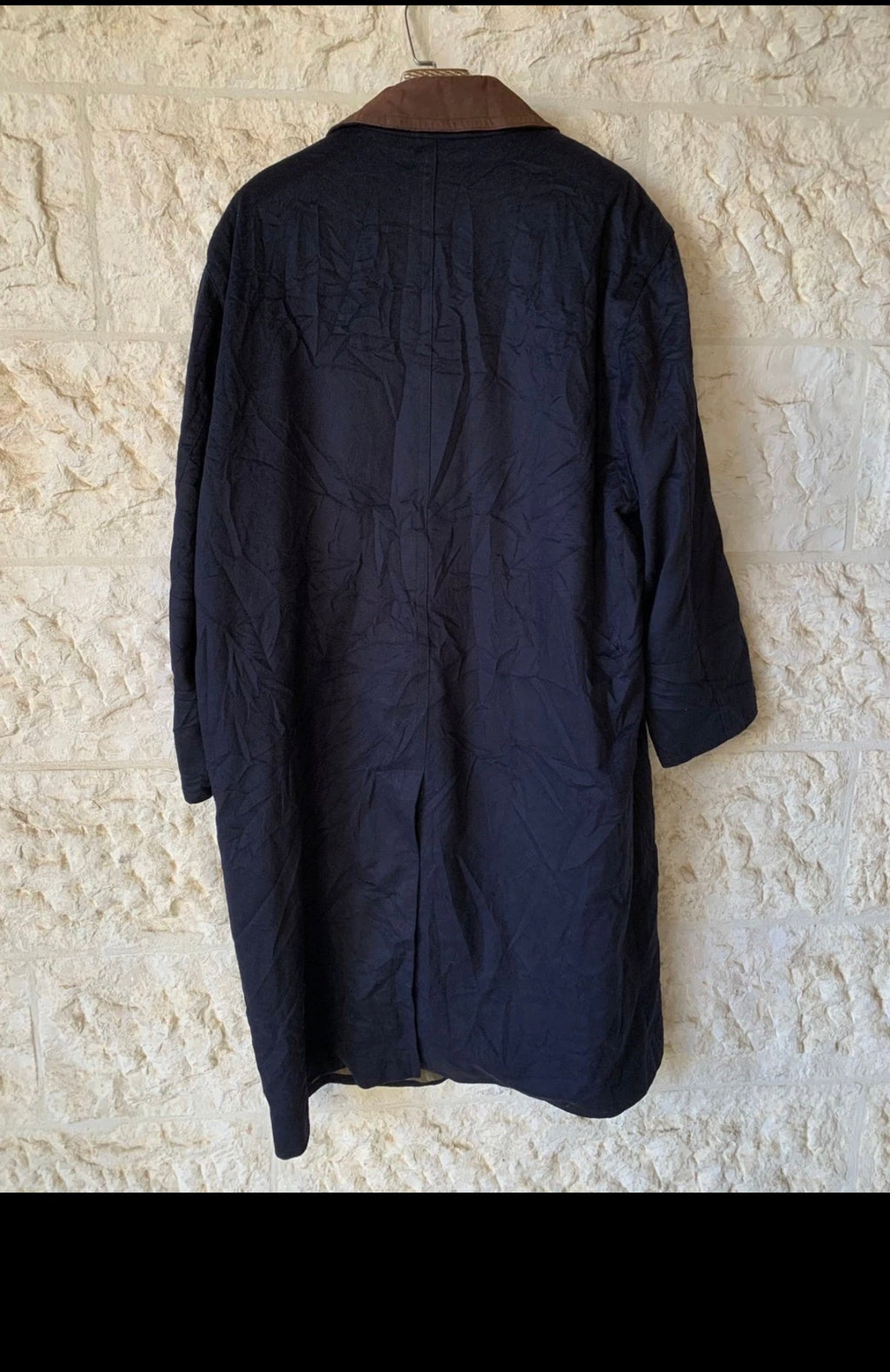 Vintage pure wool Leather Collar classic navy over coat 50R 50S 2XL