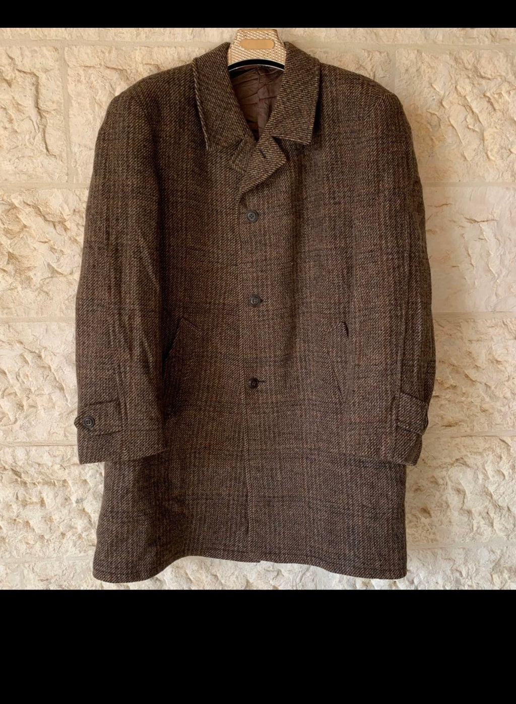 1970s Vintage pure wool handwoven Tweed glen check classic brown over coat 44R