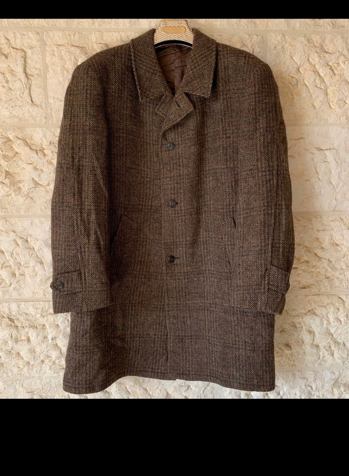 1970s Vintage pure wool handwoven Tweed glen check classic brown over coat 44R