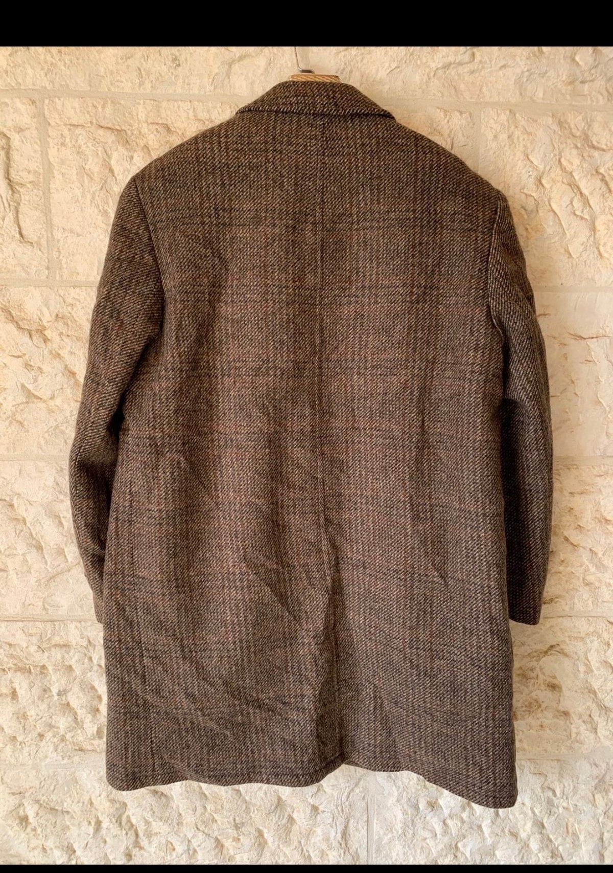 1970s Vintage pure wool handwoven Tweed glen check classic brown over coat 44R