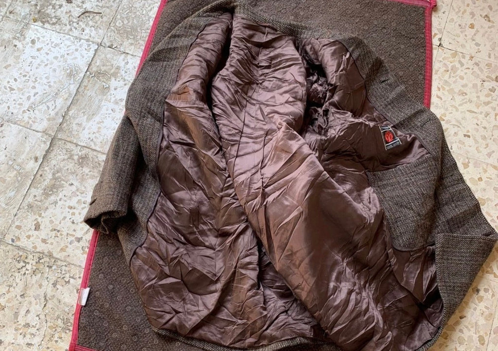 1970s Vintage pure wool handwoven Tweed glen check classic brown over coat 44R