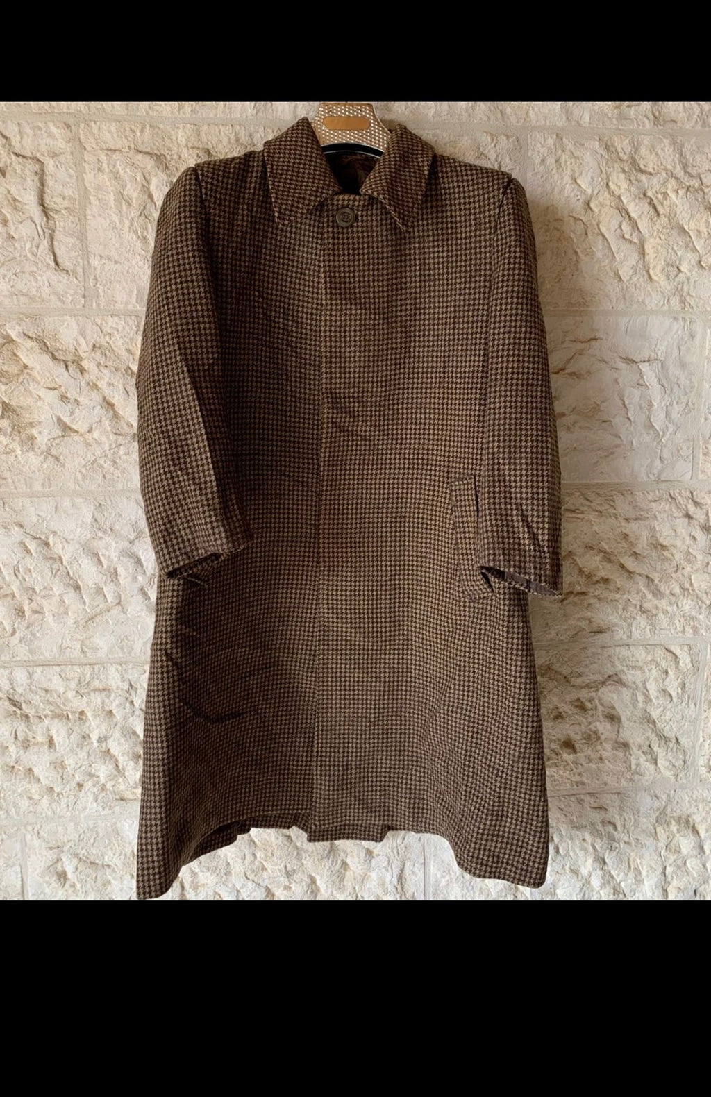 1970s vintage pure wool handwoven tweed houndstooth brown classic over coat 38S