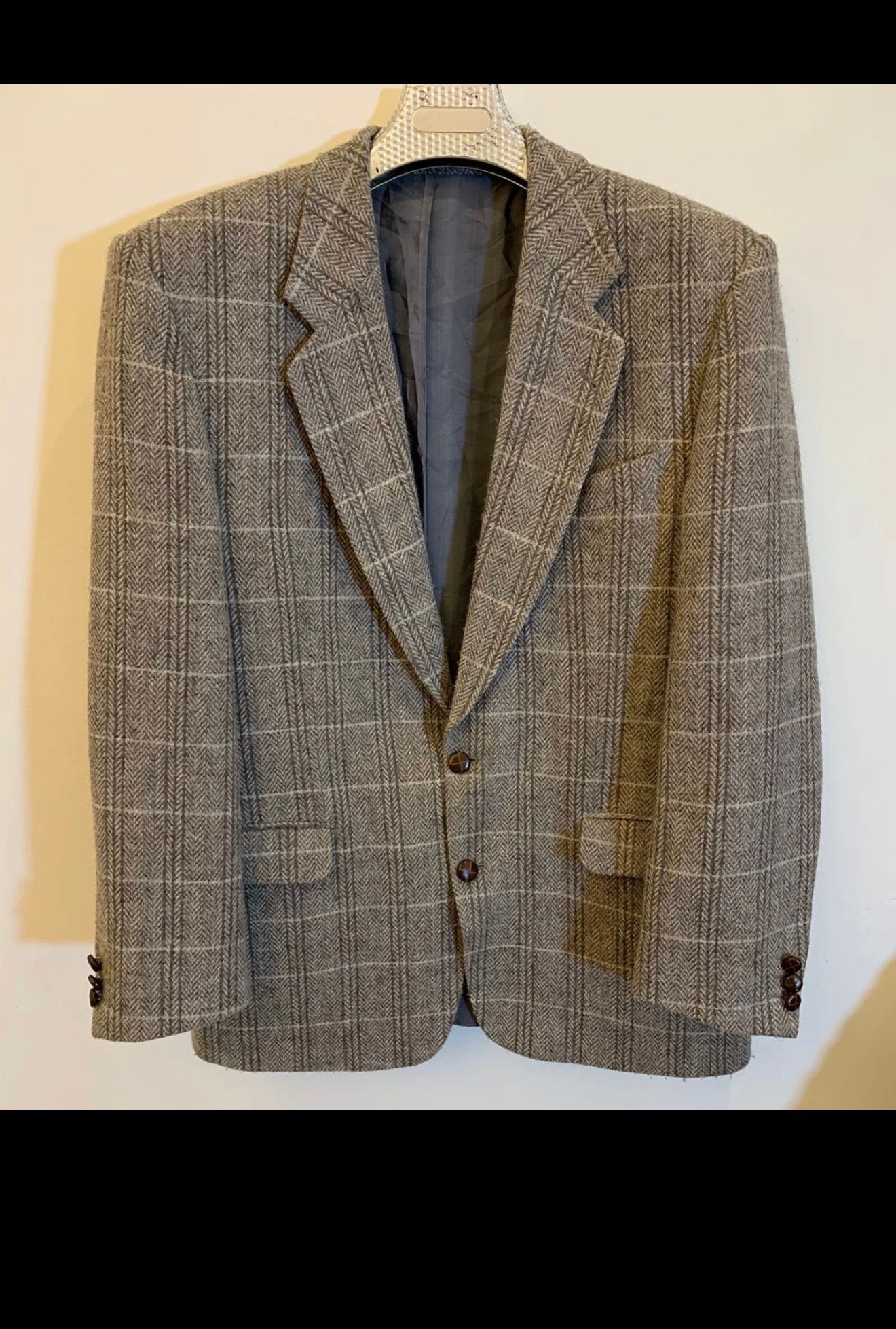 Vintage pure wool handwoven Tweed herringbone gray hunting jacket blazer 42R