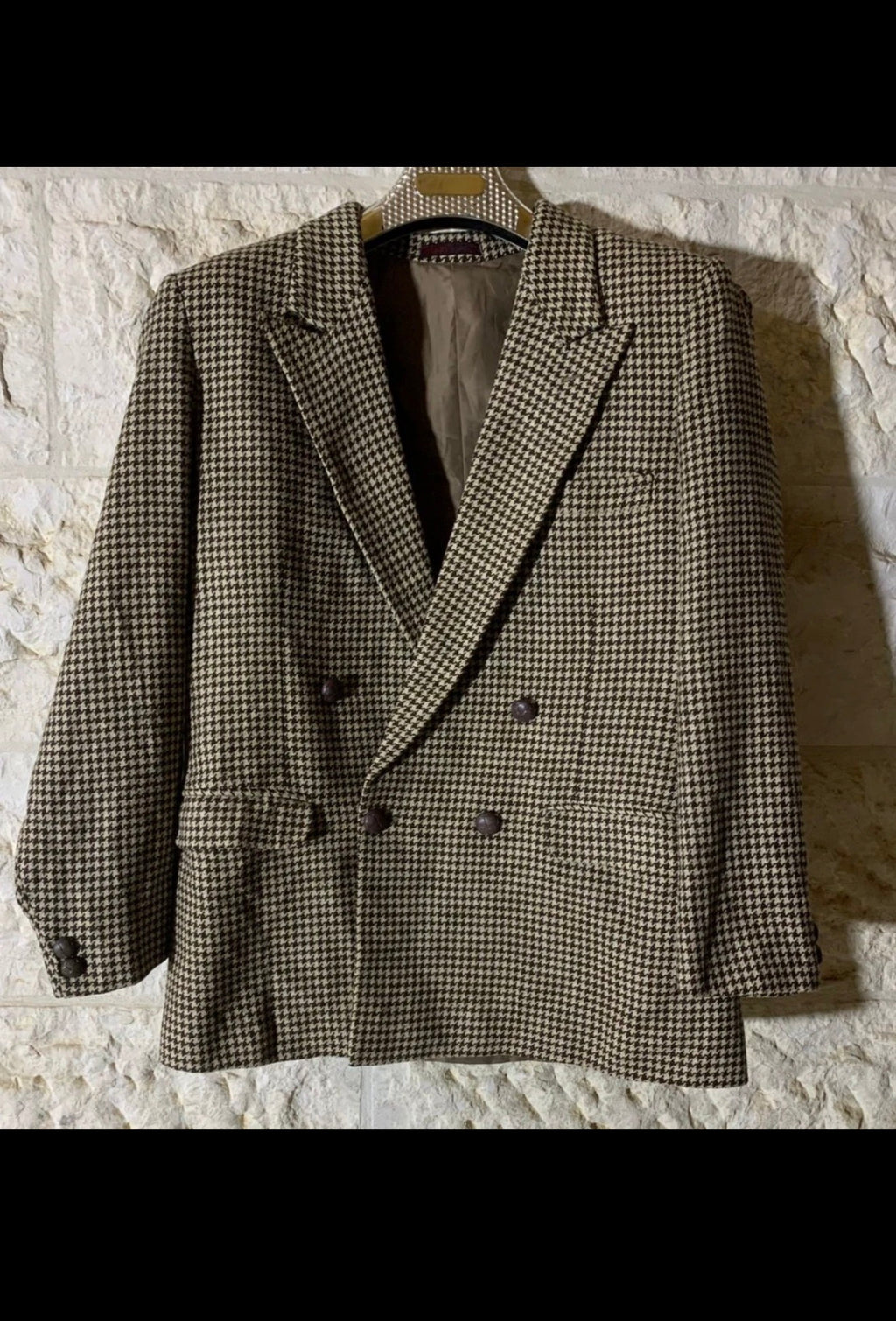 Vintage pure wool handwoven tweed houndstooth db brown jacket blazer 40R