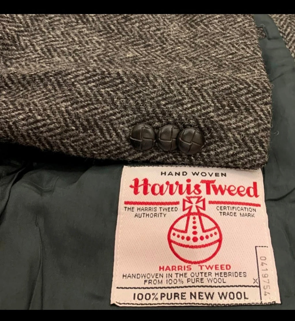 Vintage Harris Tweed handwoven pure wool charcoal hunting jacket blazer 46R XL