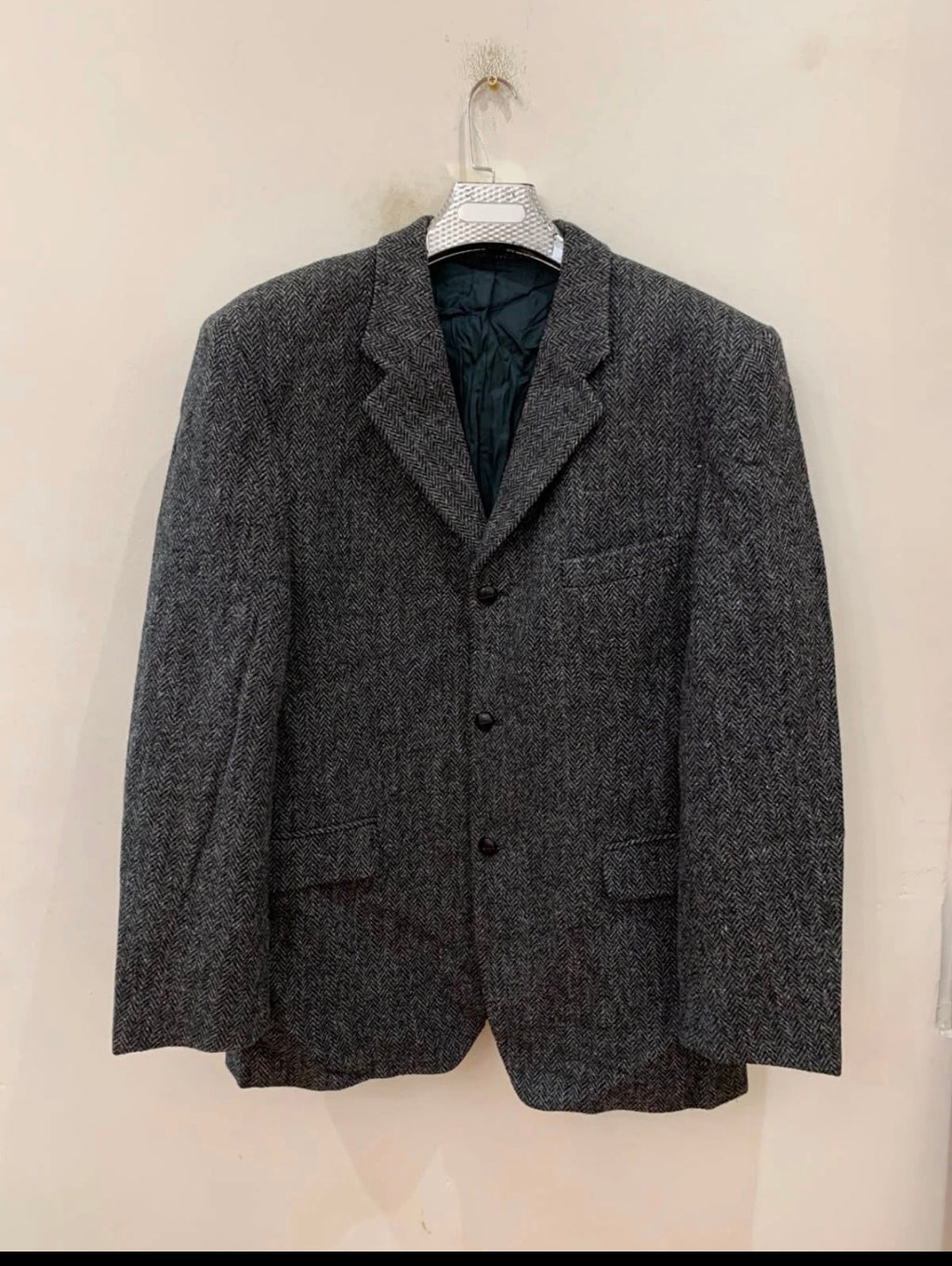 Vintage Harris Tweed handwoven pure wool charcoal hunting jacket blazer 46R XL
