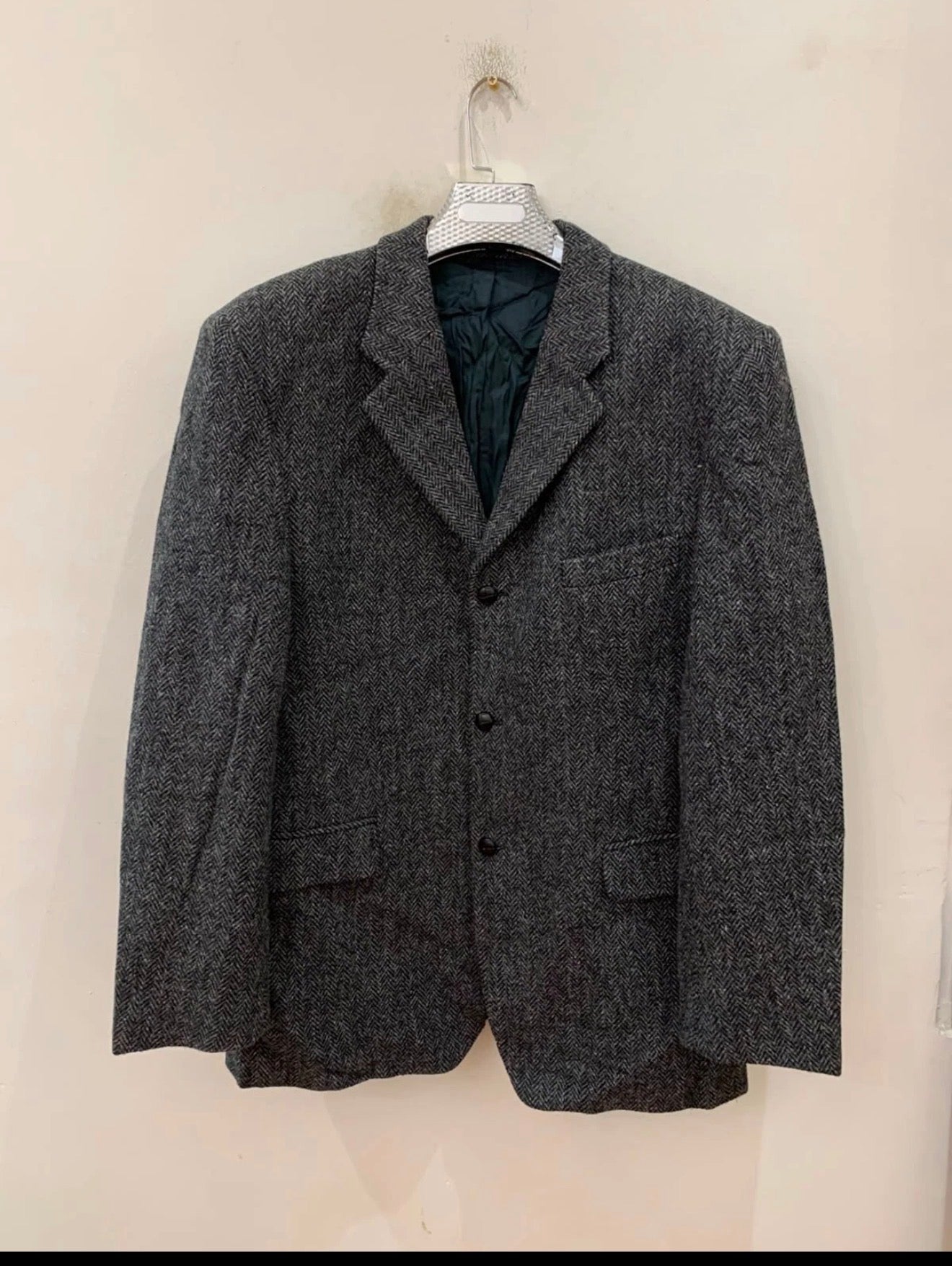 Vintage Harris Tweed handwoven pure wool charcoal hunting jacket blazer 46R XL