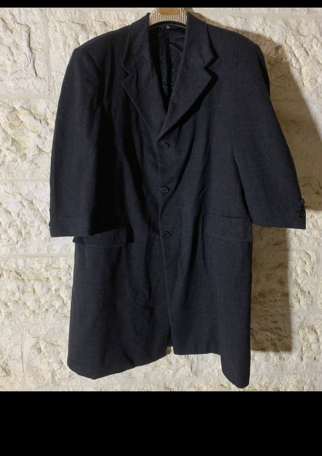 1970s Vintage pure wool classic glen check charcoal over coat 50S 2XL