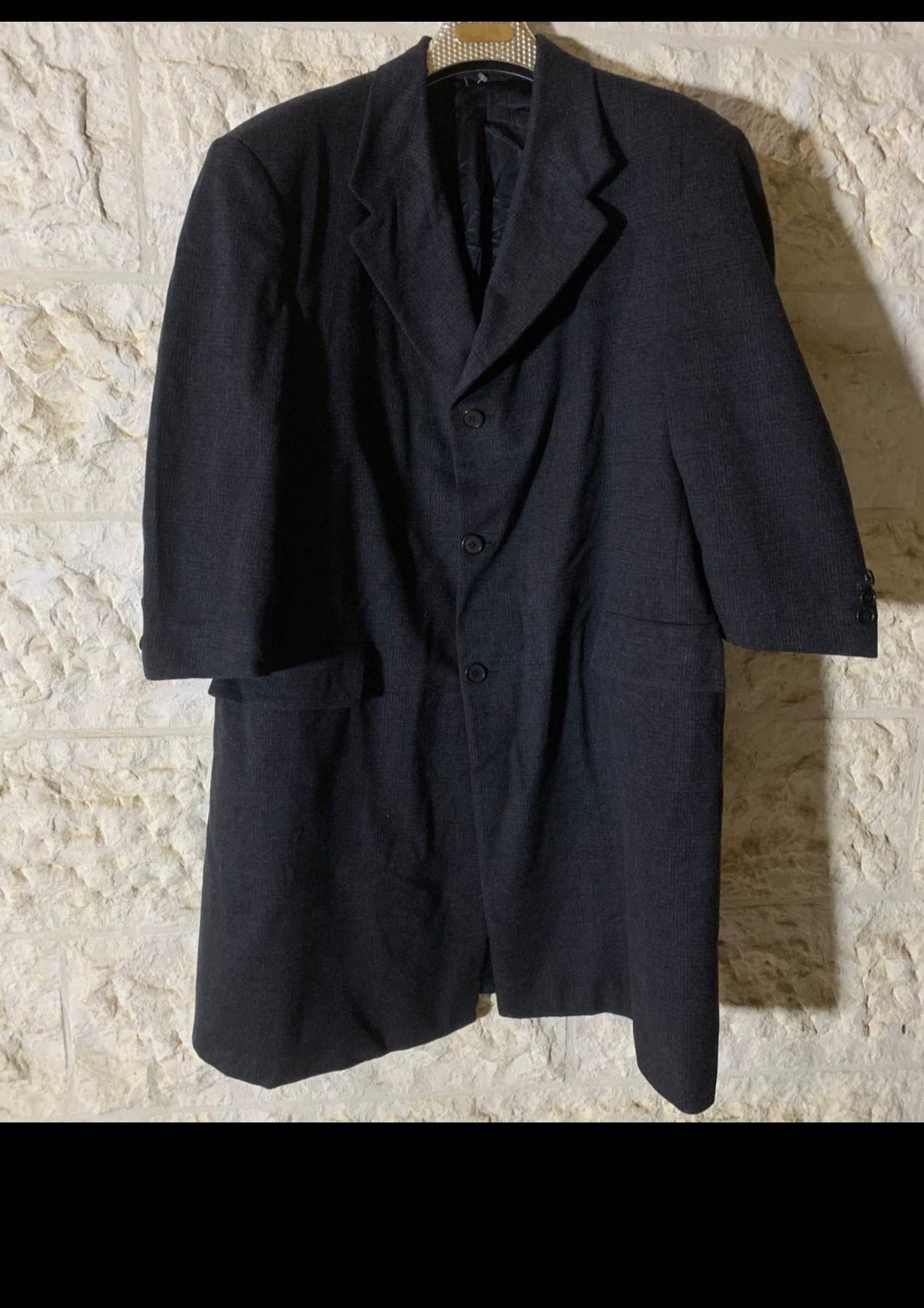 1970s Vintage pure wool classic glen check charcoal over coat 50S 2XL