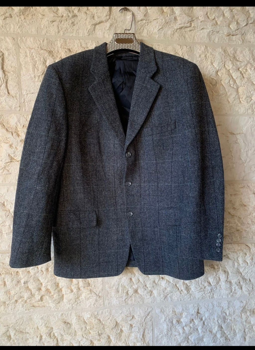 Harris Tweed handwoven pure wool Windowpane charcoal hunting jacket blazer 44R