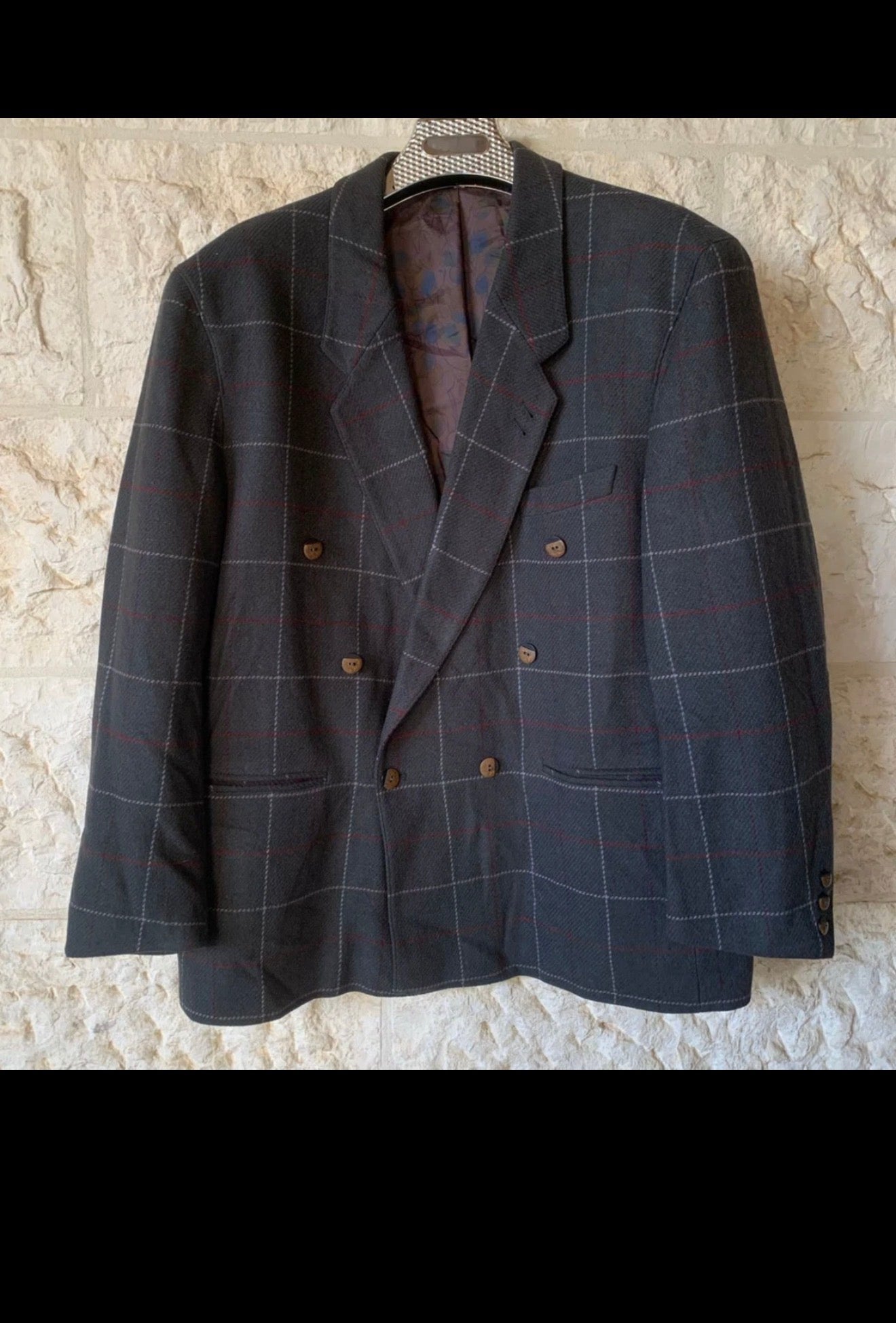 Vintage pure wool soft tweed Windowpane double breasted jacket blazer 46R XL