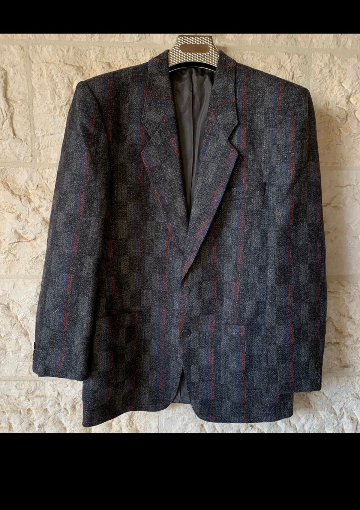Vintage pure wool tweed camouflage plaid classic charcoal jacket blazer 40R