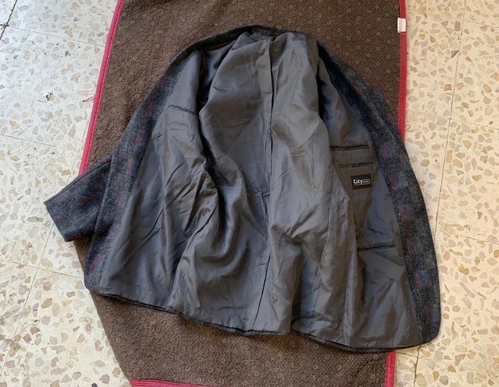 Vintage pure wool tweed camouflage plaid classic charcoal jacket blazer 40R