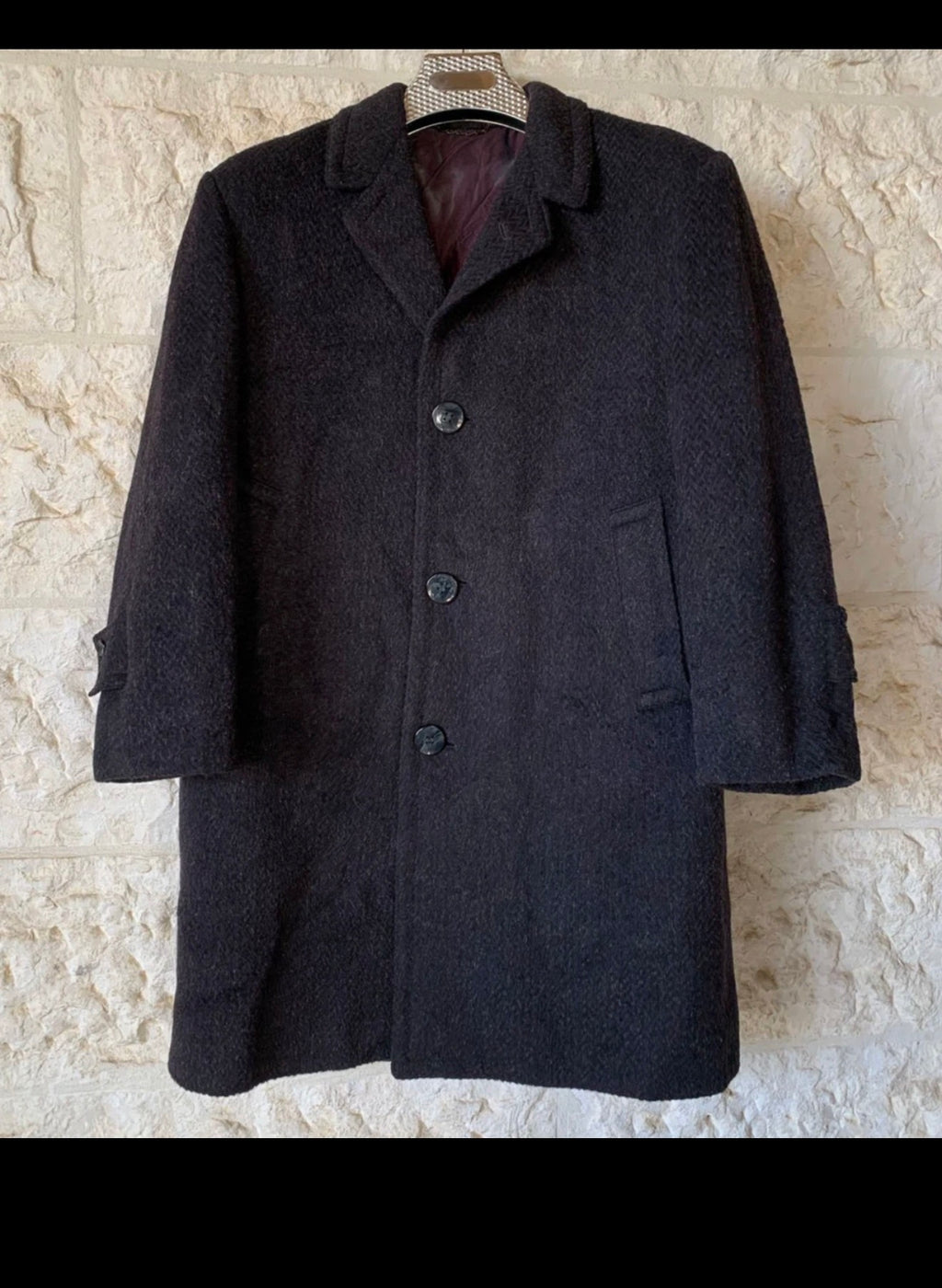 1970s Vintage Wool Mohair blend classic charcoal herringbone over coat 42R 42S