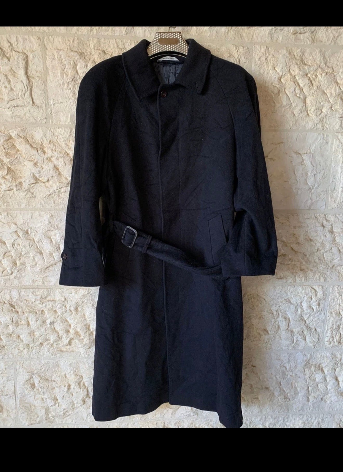 Vintage wool cashmere classic belted navy raglan long over coat 44R 46R