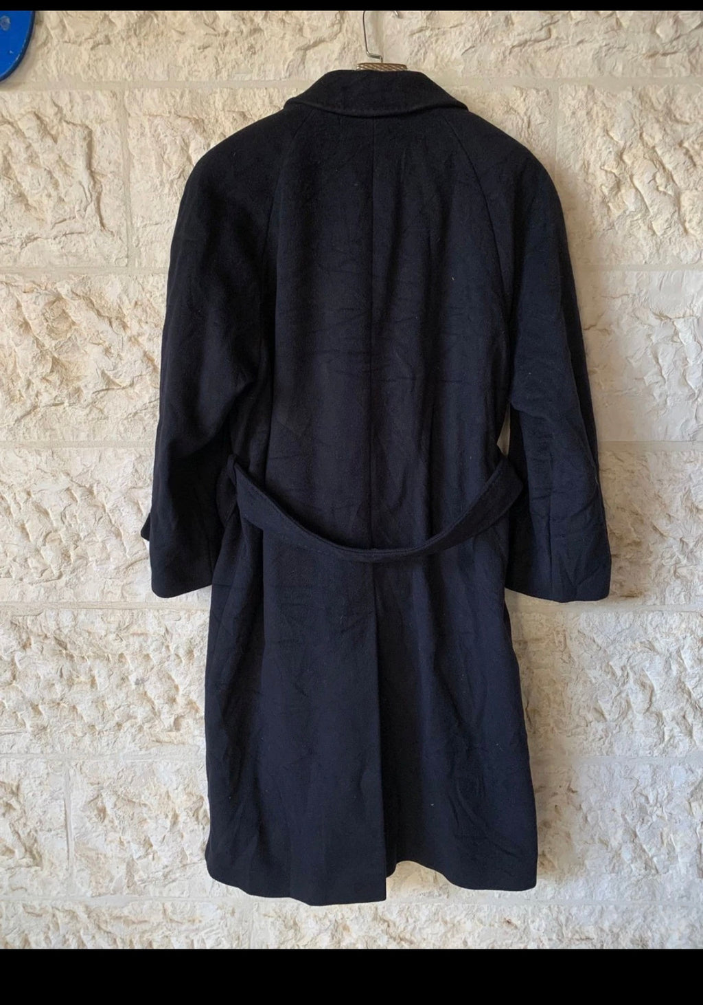 Vintage wool cashmere classic belted navy raglan long over coat 44R 46R