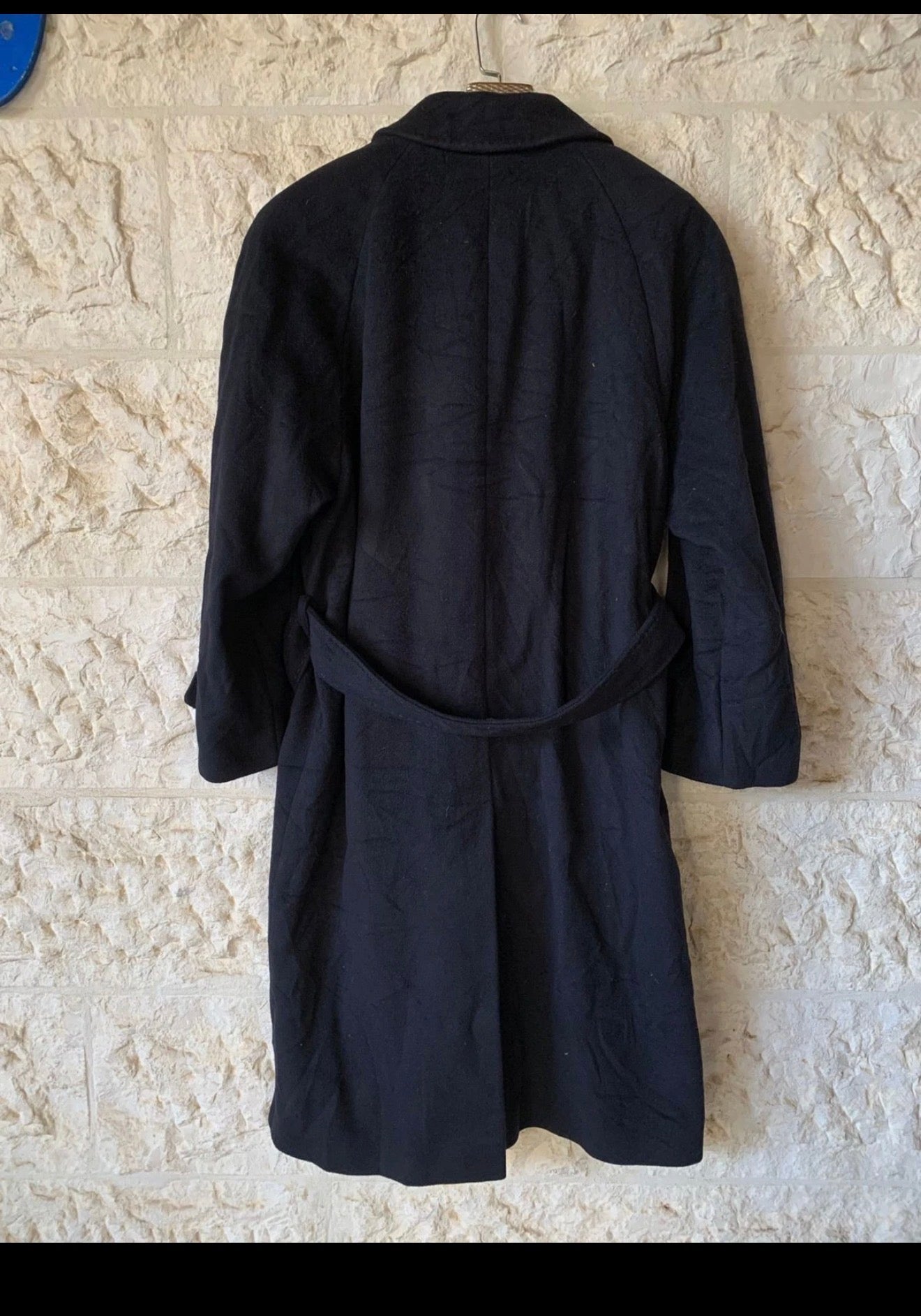 Vintage wool cashmere classic belted navy raglan long over coat 44R 46R