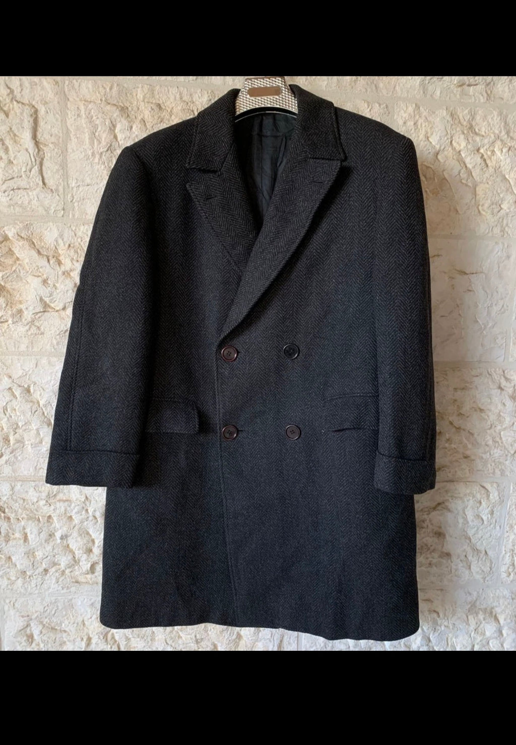 Vintage Monti pure wool handwoven tweed charcoal double breasted over coat 44R