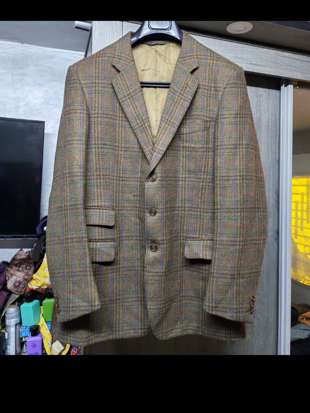 Vintage pure wool handwoven tweed Glen Check green hunting jacket blazer 42L