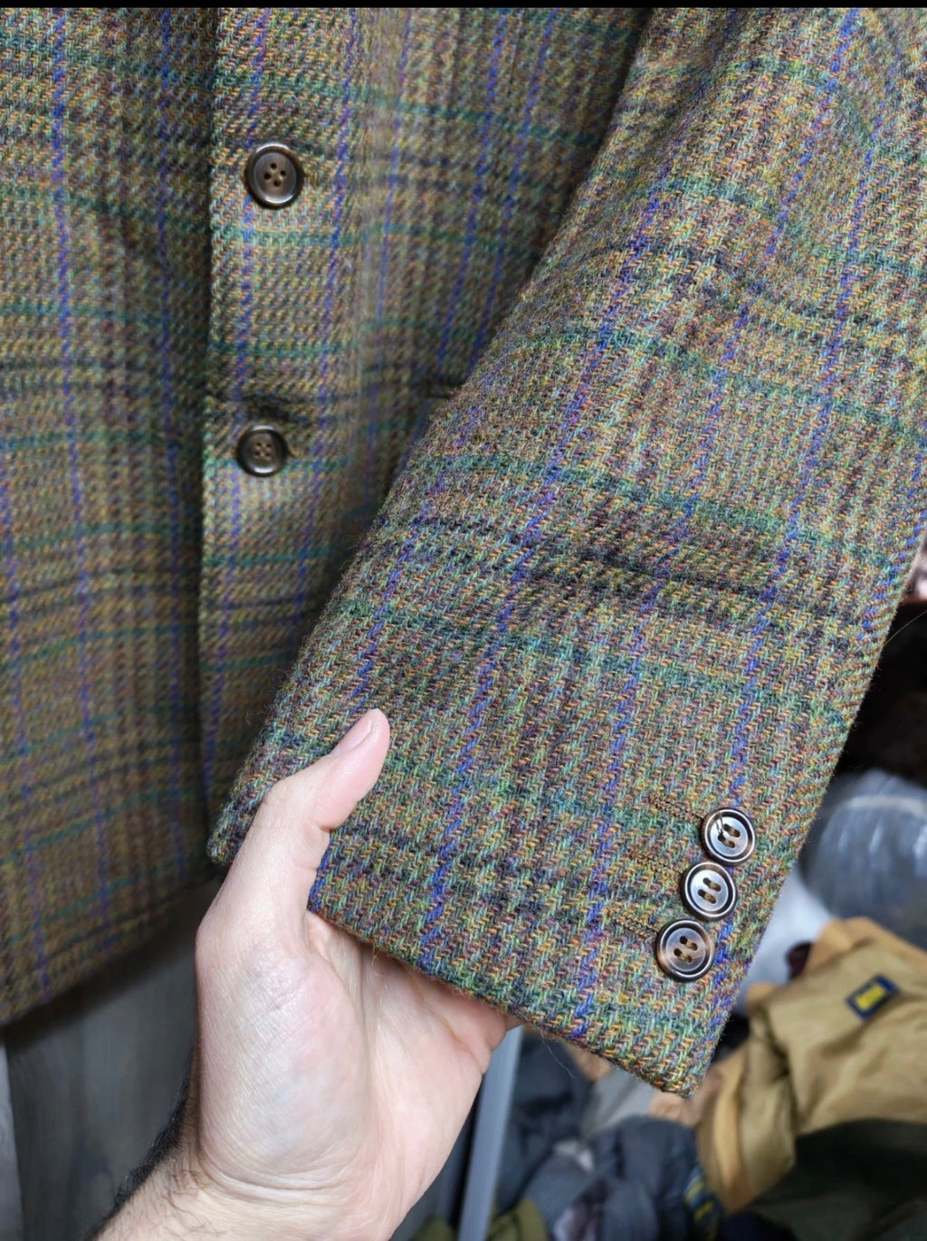 Vintage pure wool handwoven tweed Glen Check green hunting jacket blazer 42L