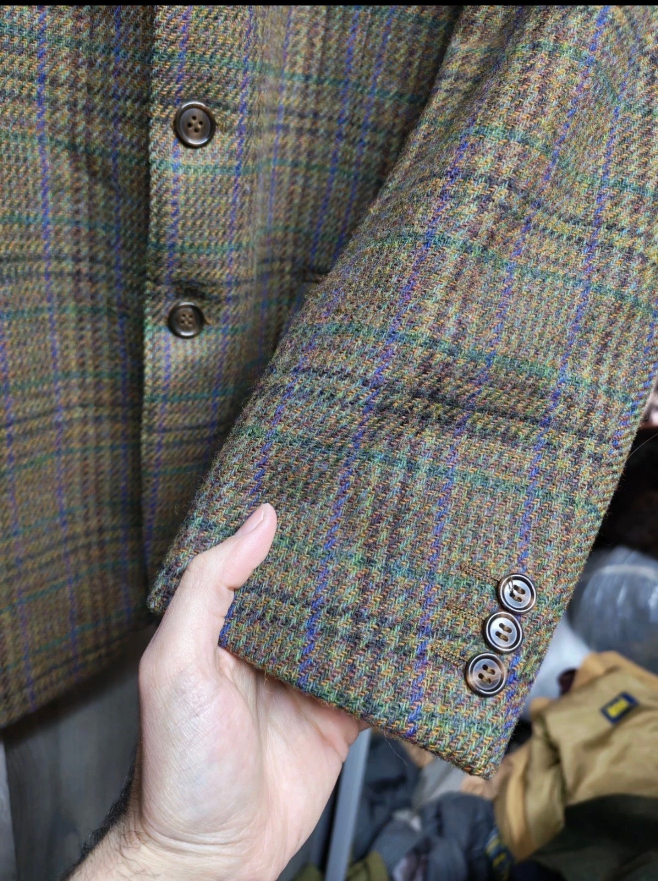 Vintage pure wool handwoven tweed Glen Check green hunting jacket blazer 42L