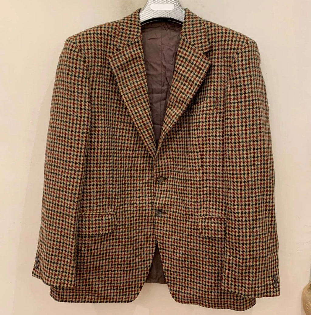 1970s Vintage houndstooth plaid pure wool tweed brown hunting jacket blazer 42R