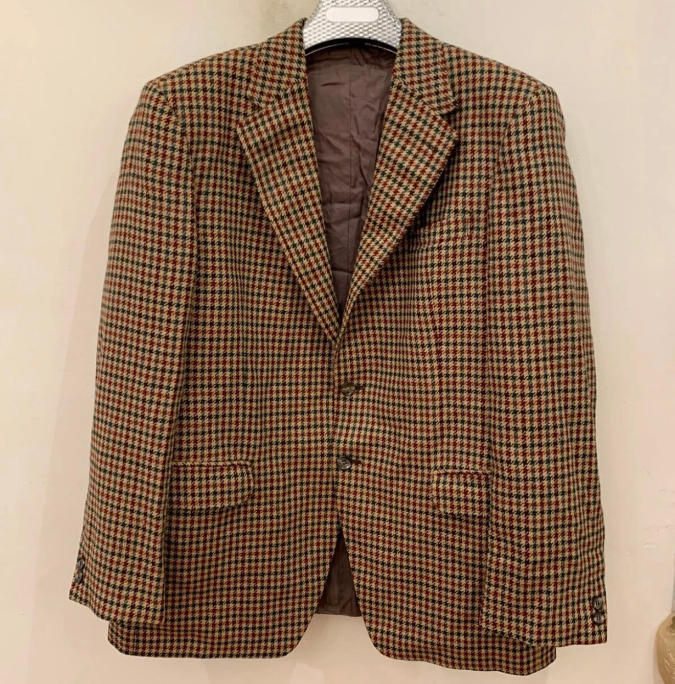 1970s Vintage houndstooth plaid pure wool tweed brown hunting jacket blazer 42R