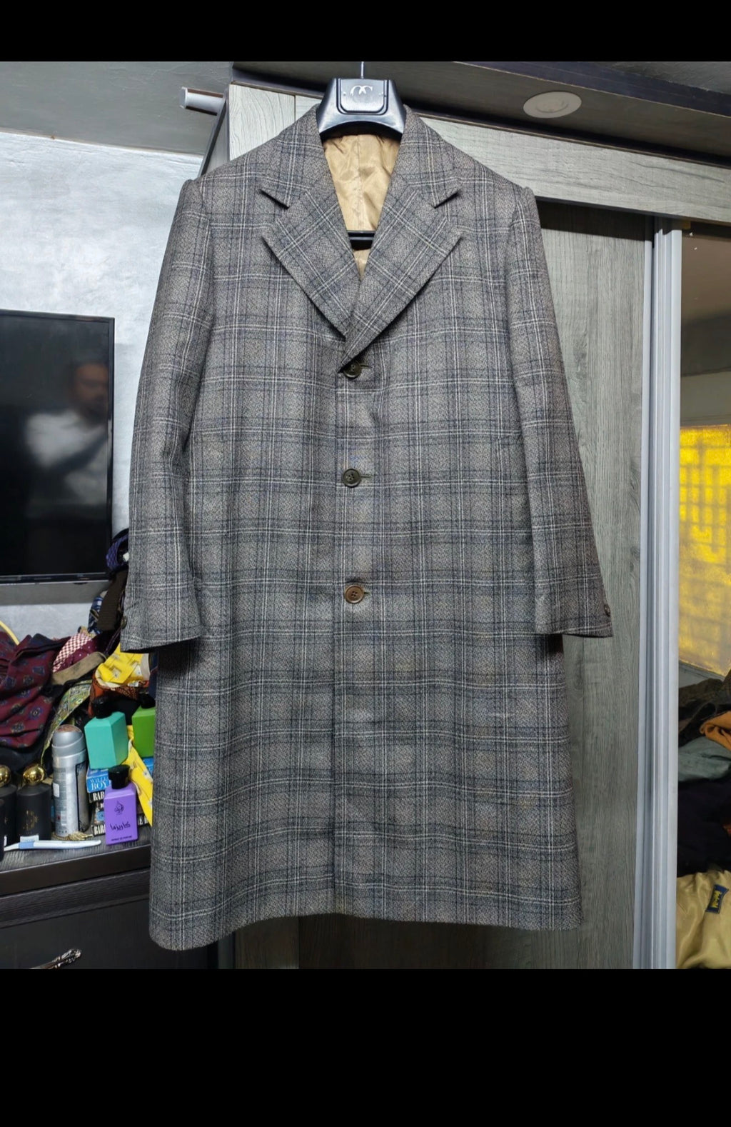 1970s Vintage Korean all worsted classic glen check over coat 38S 40S