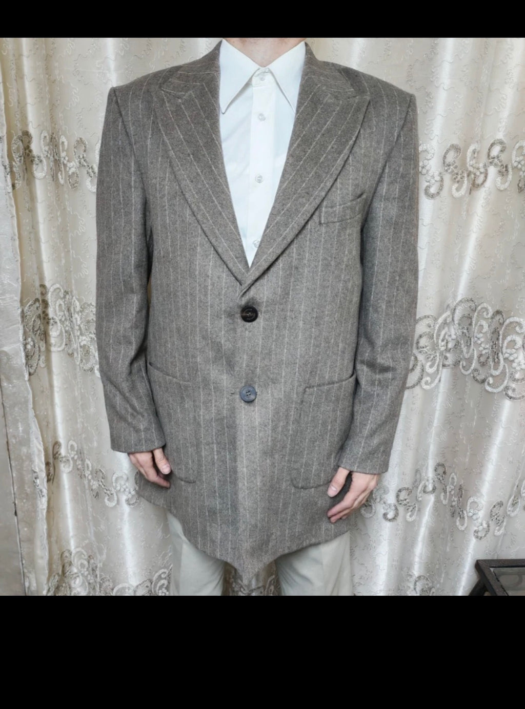 Costumen Wool Cashmere blend brown striped classic peak lapel over coat 42R