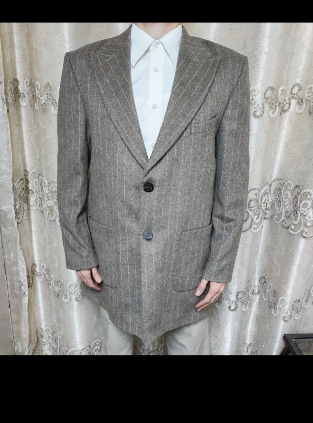 Costumen Wool Cashmere blend brown striped classic peak lapel over coat 42R