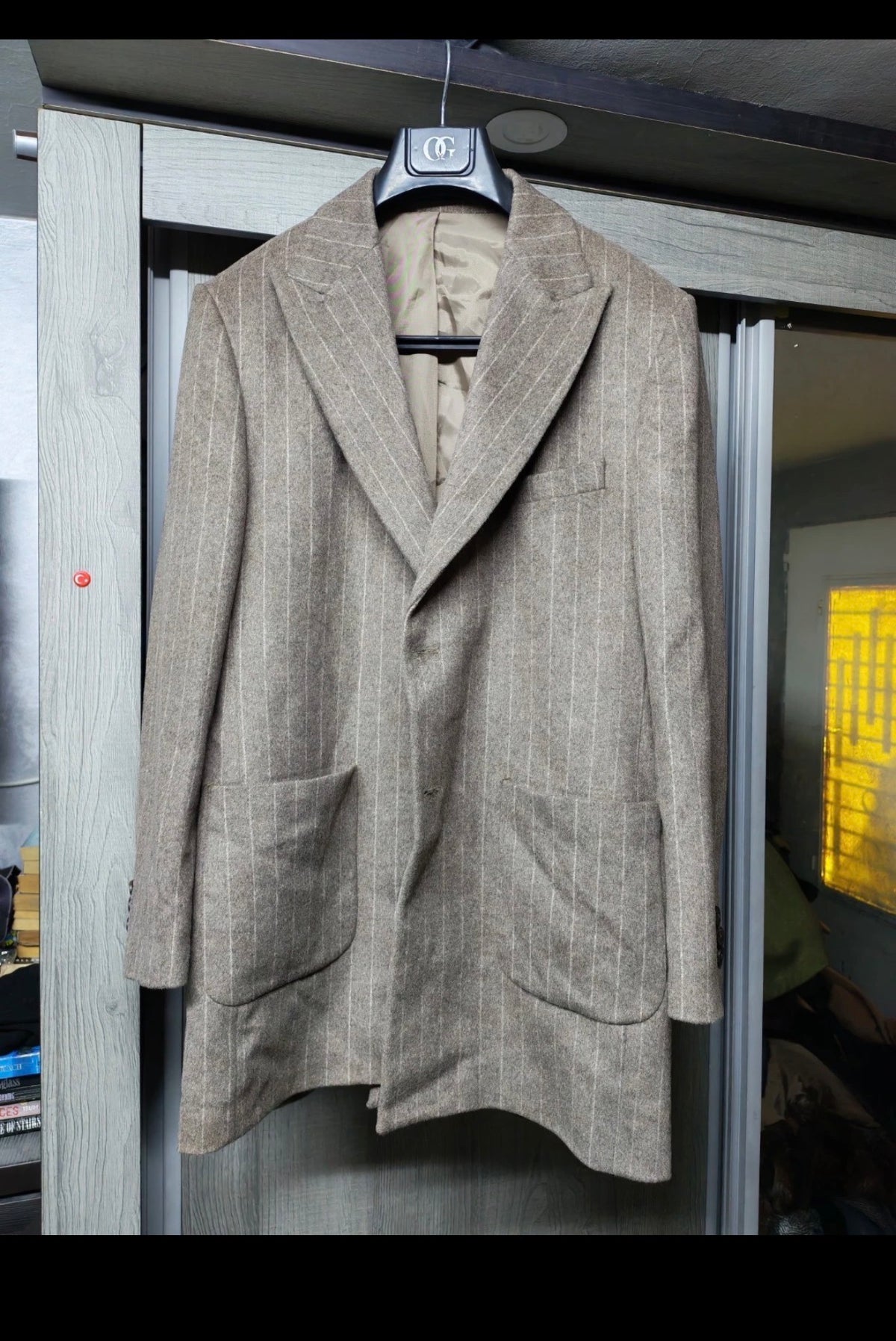 Costumen Wool Cashmere blend brown striped classic peak lapel over coat 42R