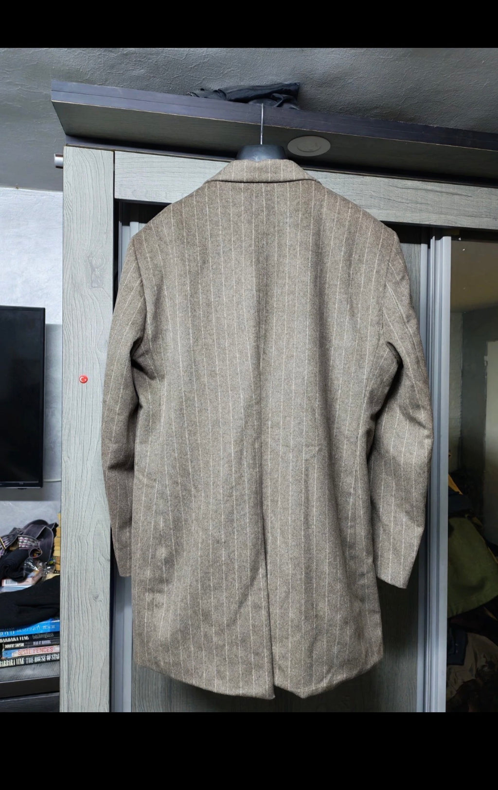Costumen Wool Cashmere blend brown striped classic peak lapel over coat 42R