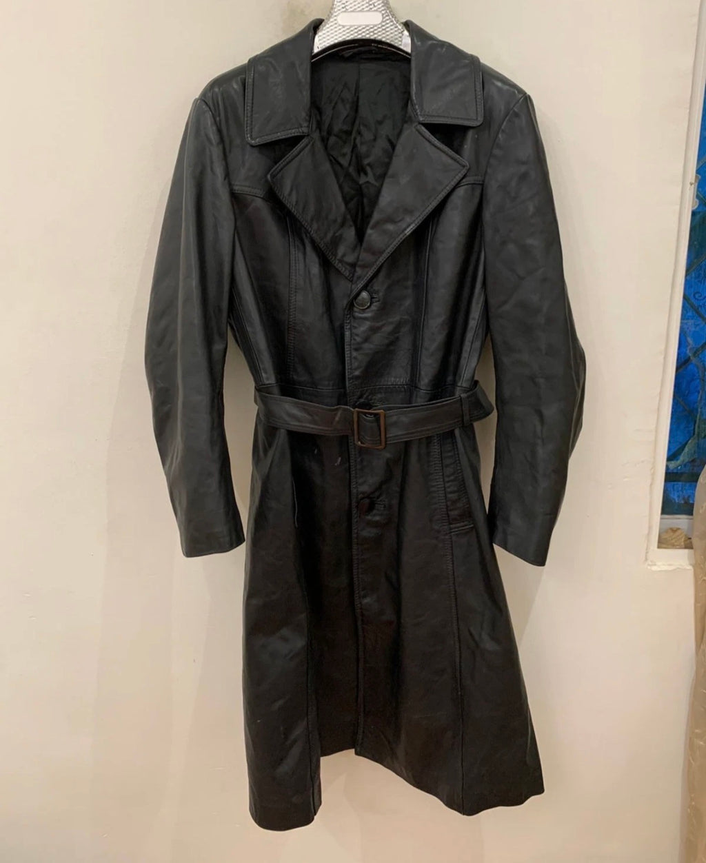 Vintage Real Genuine Leather classic belted black over coat 42R M