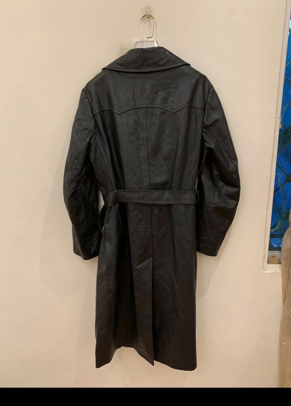 Vintage Real Genuine Leather classic belted black over coat 42R M