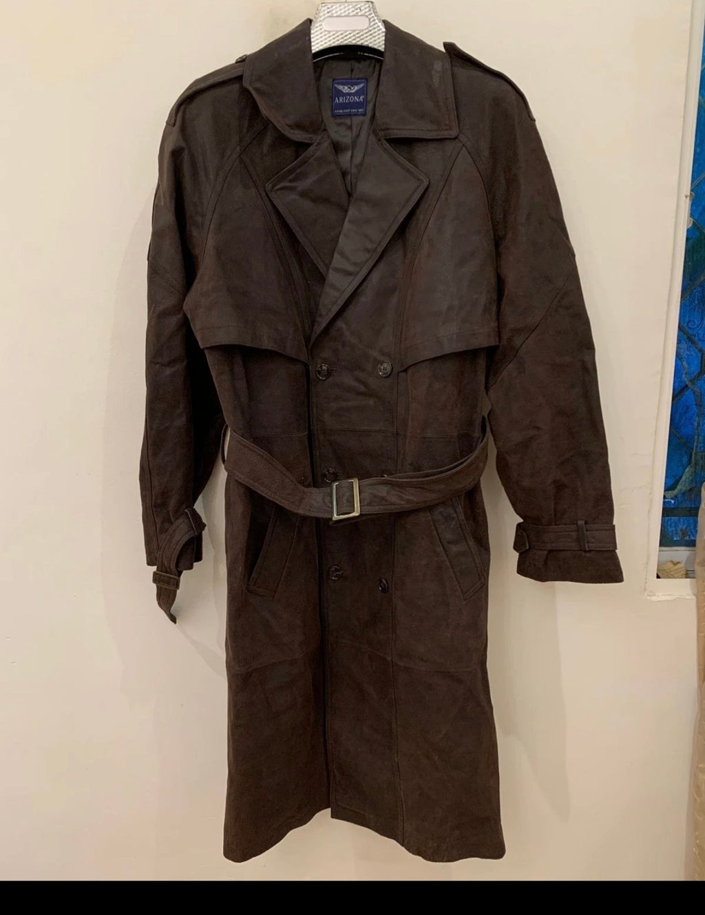 Vintage Real Genuine Leather double breasted raglan belted brown over coat 44R L