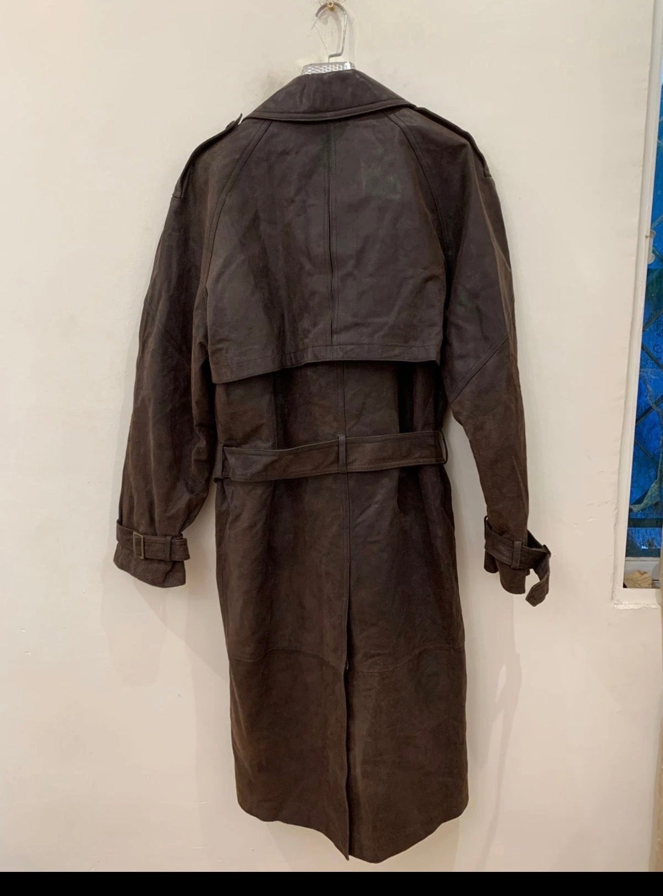 Vintage Real Genuine Leather double breasted raglan belted brown over coat 44R L